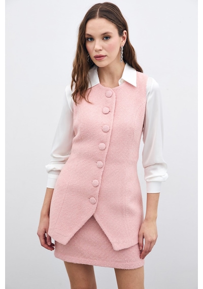 Sateen Düğmeli Tüvit Yelek - Pudra-135717 Pudra