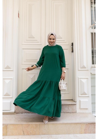 Hb Harma Time Butik Kadın Kat Kat Ribanalı Yeşil Tesettür Elbise Yeşil Yeşil