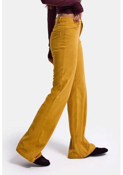 Kadın Hardal Sarı Flare Fit Velvet Kadife Kumaş Pantolon