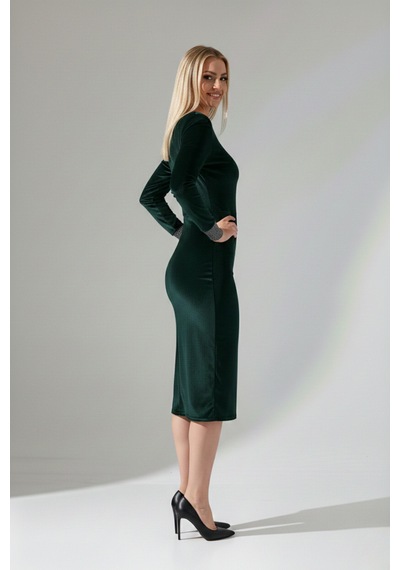 Defymoda Kadın Modern Vatkalı Midi Elbise Yeşil