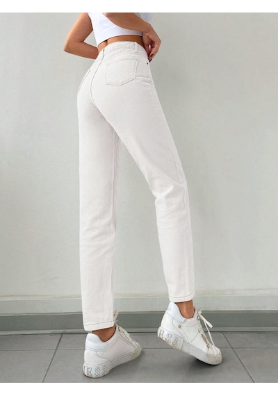Kadın Mom Fit Jeans Kot Pantolon Beyaz Beyaz