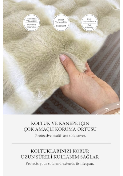 Lüks Kürklü Koltuk Örtüsü 170x215 Cm Yumuşak Peluş Kaymaz Taban Kanepe Örtüsü Bej Krem Bej - Krem
