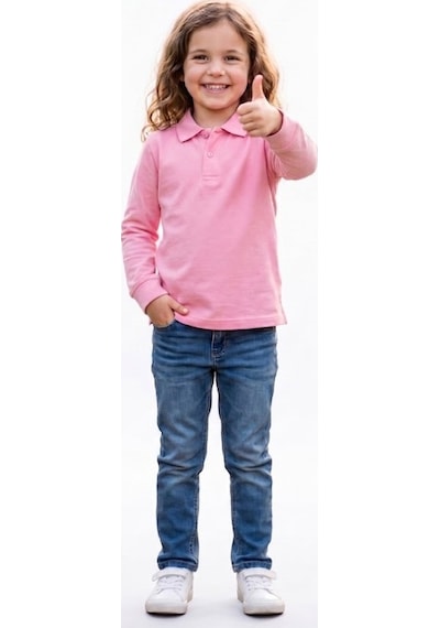Nacar Store Unisex Çocuk Uzun Kollu Polo Yaka Lakost Okul Tişörtü Pembe