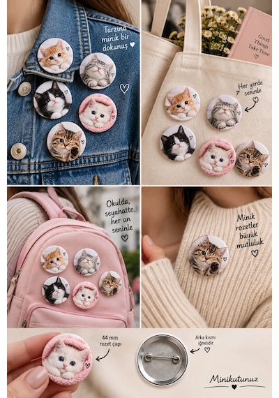 Minikutunuz 5 Li Sevimli Kedi Rozet Seti 44 Mm Kedi Desenli İğneli Yaka Rozeti, Çanta Ve Okul Aksesuarı Diğer
