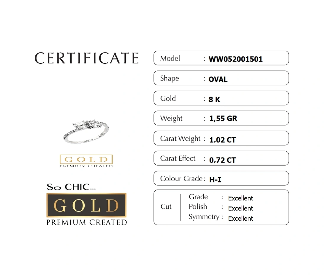 8 Ayar Beyaz Altın Sertifikalı Premium Created Taşlı Oval Tektaş Yüzük