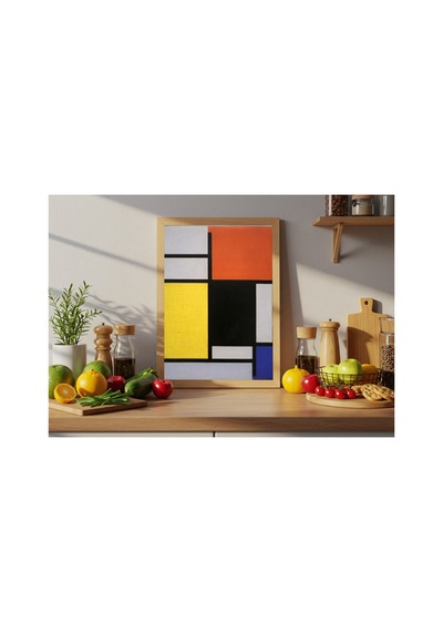 Mondrian Kırmızı, Sarı, Siyah, Mavi Ve Gri İle Kompozisyon Çerçevesiz Poster 30x42 Cm A3 Tablo