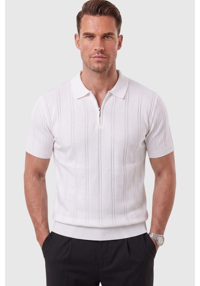 Deepsea Erkek Fermuarlı Polo Yaka Çizgi Dokulu Beyaz Triko Tişört Regular Fit Yumuşak Dokulu 2608007 Deepsea Erkek Fermuarlı Polo Yaka Çizgi Dokulu Beyaz Triko Tişört Regular Fit Yumuşak Dokulu 2608007