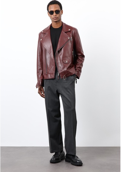 Antioch 100% Deri Biker Ceket Bordo