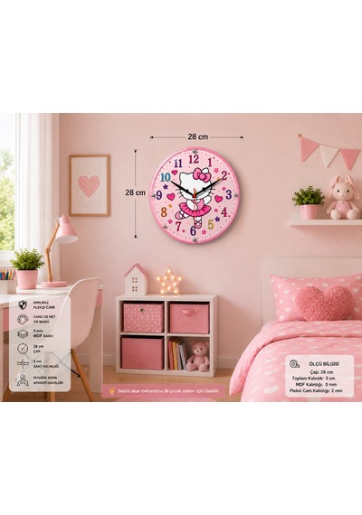 Duvar Saati 28 Cm Çocuk Odası Ev Ofis Anaokulu Kreş Okul Hello Kitty