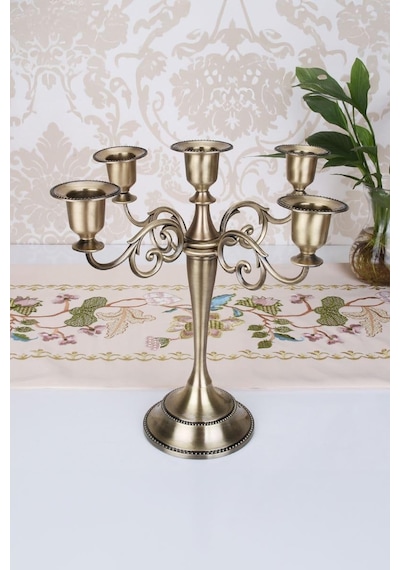 5 Gözlü Metal Retro Şık Restoran Düğün Şamdan Dekoratif Mumluk Mt156rt Çok Renkli