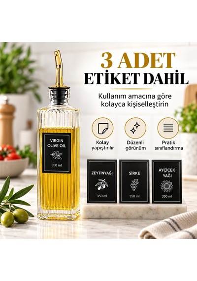Cam Yağdanlık 350 Ml - Gold Tipal Akıtmaz Başlıklı Yağlık Sirkelik - Zeytinyağı Ayçiçek Yağı Sirke Ve Soslar İçin Çizgili Cam Şişe - Damlama Önleyici Mutfak Yağ Şişesi 7x7x22 Cm Diğer