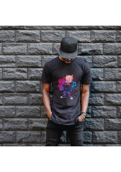 Vinevesta Porky Pig Graffiti Baskılı Unisex Siyah Oversize Tişört - 24/1 Penye Çok Renkli