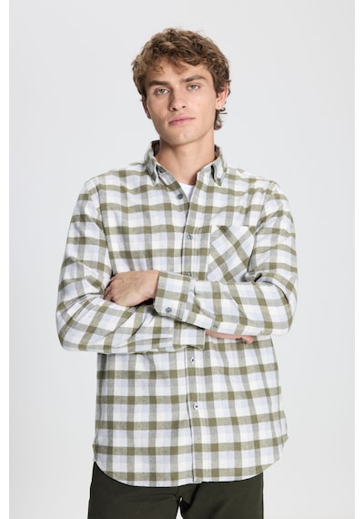 AC&Co / Altınyıldız Classics Erkek Hakı-grı Slim Fit Dar Kesim Düğmeli Yaka Kareli Gömlek Haki - Gri