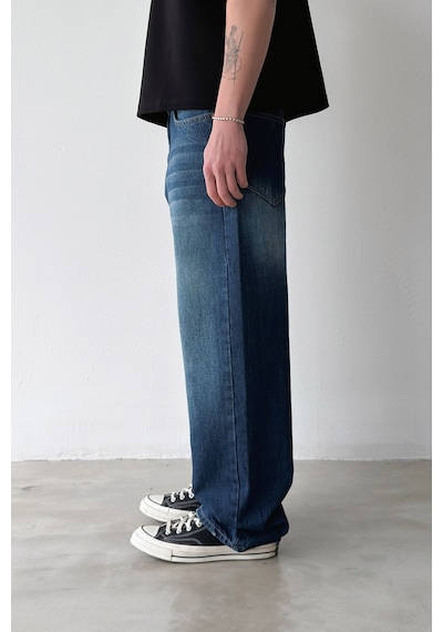 Flaw Çizgili Baggy Jean-29096 Lacivert