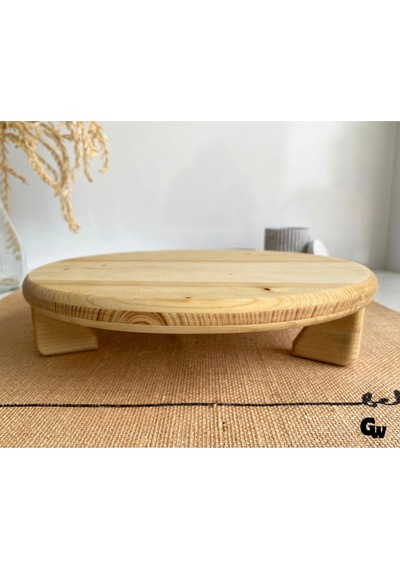 Yuvarlak Doğal Ahşap Sunum Tabağı Ayaklı Düz Ahşap Sunumluk Beyaz Çam Çap:28cm Yük:6,5cm Ş