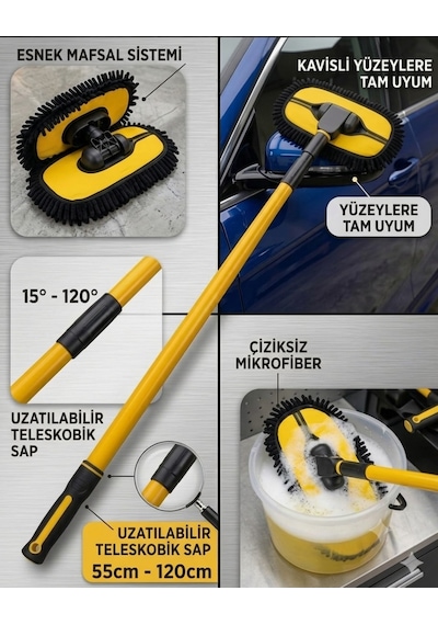 Teleskopik Saplı Uzayan Egimli Dönebilen Mikrofiber Başlıklı Araç Yıkama Fırçası Mop Sarı Uzayıp Kısalan Sap 50 - 110 Cm Premium Şönil Araç Yıkama Mopu
