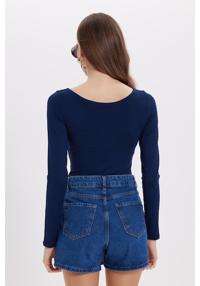 Tudors Kadın Slim Fit Dar Kesim Uzun Kollu Viskon Lacivert Bluz-35206 Lacivert