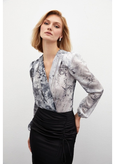 Sateen Çiçek Desenli Bodysuit Bluz - Gri Gri