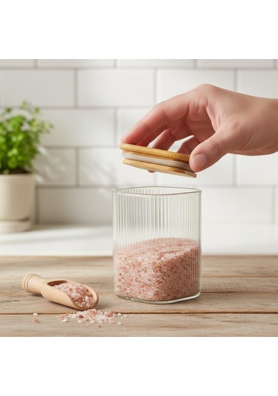 6'lı Set 275 Ml Bambu Kapaklı Kare Cam Kavanoz - Vakumlu Mini Boy Çekmece İçi Baharatlık Ve Şeffaf Saklama Kabı Organizatörü 6x8 Cm