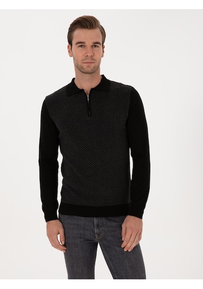 Cacharel Siyah Slim Fit Pamuk Karışımlı Fermuarlı Polo Yaka Triko Kazak