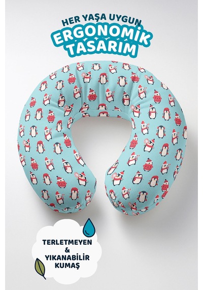 Penguen Desenli Pamuklu Boyun Yastığı - Sevimli Kış Temalı Mavi Kırmızı Çocuk Seyahat Yastığı Açık Ayışığı Avokado