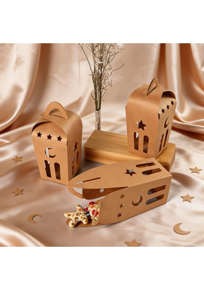 Ramazan Temalı Dekoratif Fener Kutusu, Ay Yıldız Kesim Hediyelik Kutu Seti, 6x9 Cm - 6 Adet, Kraft