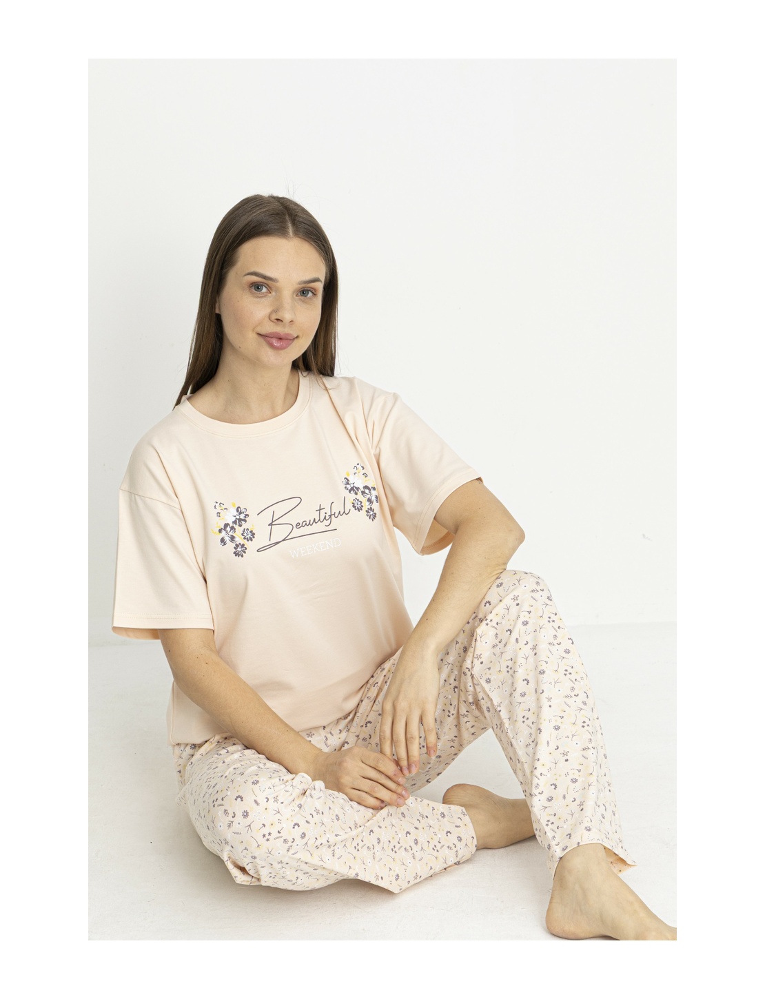 Estiva Kadın Flora Alt Desenli Somon Penye Lycra Kısa Kollu Pijama Takımı Çok renkli Estiva Kadın Flora Alt Desenli Somon Penye Lycra Kısa Kollu Pijama Takımı Çok renkli
