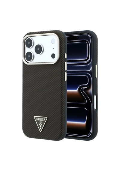 Apple iPhone Uyumlu 18 Pro Kılıf Guess Lisanslı M-safeli Pu Metal Üçgen Logolu Karbon Fiber Kevlar Kahverengi