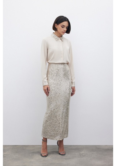 Sateen Karolin Midi Etek - Bej-135197 Bej