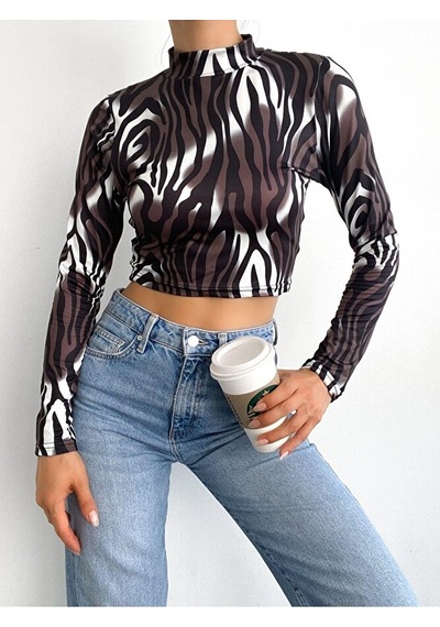 Modazeyosh Balıkçı Yaka Baskılı Crop Bluz Kahverengi