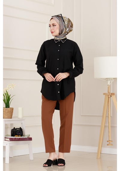 Sevitli Taş Detaylı Hilal Tunik-siyah-4952 Siyah