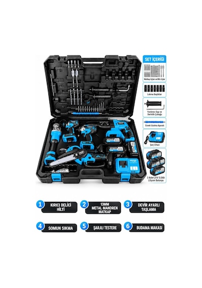 Tr Kimmeer Plus 21v Li-ıon 6'li Akülü Kombo Set, Kırıcı Delici Hilti, 13mm Metal Mandren Vidalama, Devir Ayarlı Ta