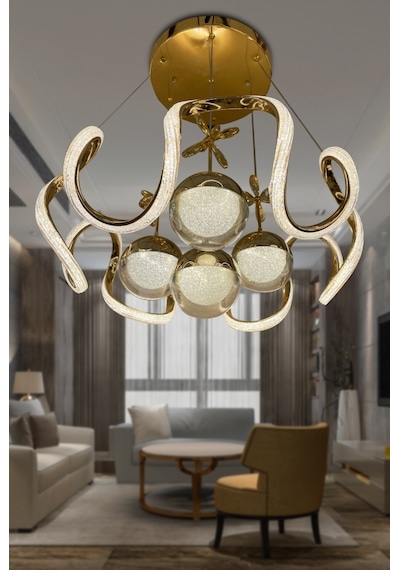 Arya Fanus 4 Toplu Simli Slikonlu Yüksek Işık Modern Salon Led Avizesi - Kumandasız / Gold Gold