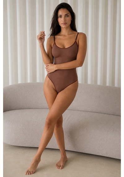 Fit Women Kadın Kapsız Cırt Cırtlı Düz Desen Kahverengi Body