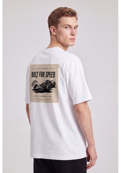 Black Nova Oversize Baskılı Unisex Tişört Built For Speed Beyaz