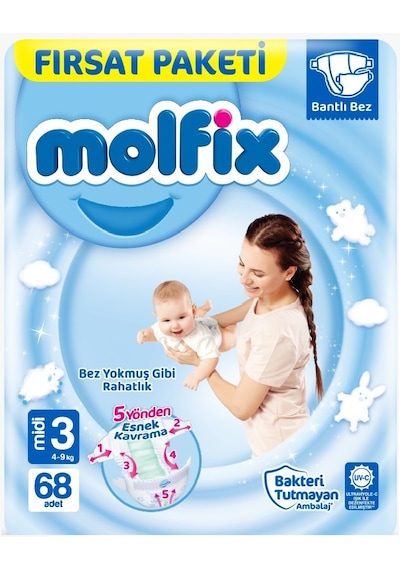 Molfix Bebek Bezi Beden:3 4-9kg Midi 340 Adet Mega Fırsat Pk 3 Numara