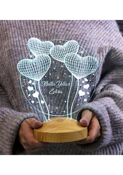 Yılbaşı Hediyesi, Sevgiliye, Arkadaşa Kişiye Özel Yeni Yıl Hediyesi, İsimli Balon Kalpler Kişiye Özel 3D Led Lamba, Yılbaşı Lambası