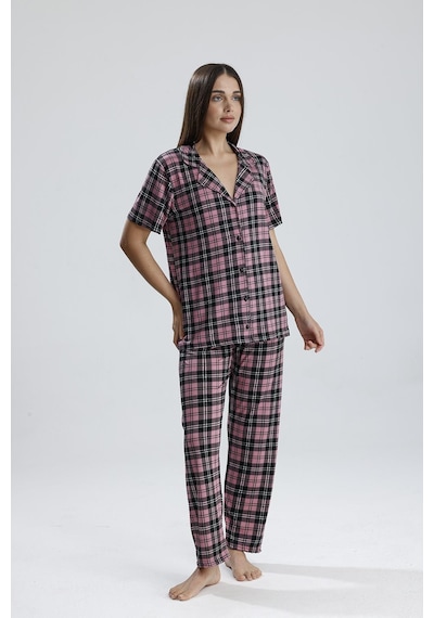 Kompedan Kadın Önden Düğmeli Pijama Takım Ekose Pembe Eks Pembe