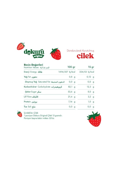 Dokuru Çilek Kuru Meyve Cipsi - Dondurularak Kurutulmuş Freeze Dried Çıtır Çilek 15 G