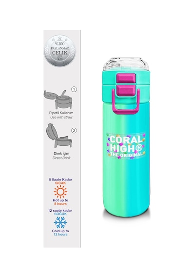 Coral High Kids Renkli Çizgili Pipetli Ve Direkt İçim Çelik Termos 500 Ml 31844 Çok Renkli