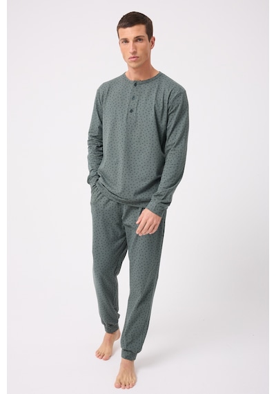 L'espadon Oceanripple Premium Örme Pamuk Uzun Kollu Henley & Uzun Pantolonlu Erkek Pijama Takımı-3223 Gri