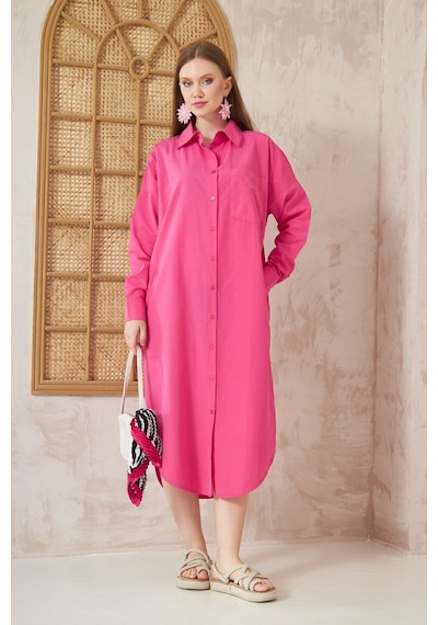Yıldızistan Kadın Uzun Kol Poplin Cepli Oversize Günlük Spor Tunik Gömlek Elbise Fuşya Pembe 3555352