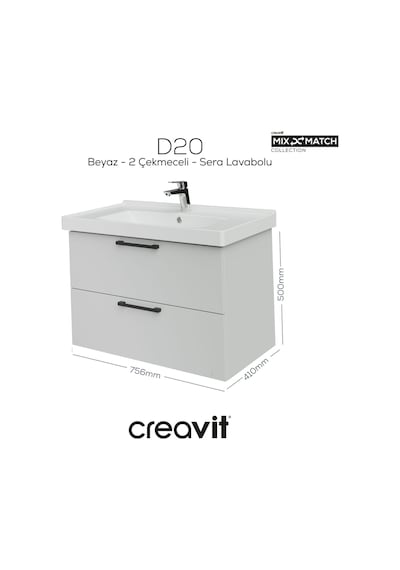 Creavit D20 80 Cm İki Çekmeceli Lavabo Dolabı Beyaz Melamin Kapak Demonte Beyaz Creavit D20 80 Cm İki Çekmeceli Lavabo Dolabı Beyaz Melamin Kapak Demonte Beyaz