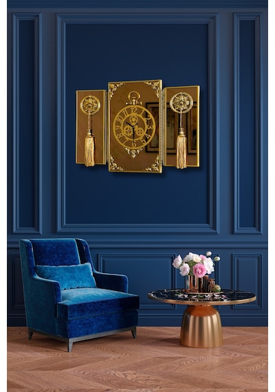 3lü Gold Dikdörgen Aynalı Çerçeveli Püsküllü Duvar Saati Takımı, Wall Clock, Hediye, Ms38-1