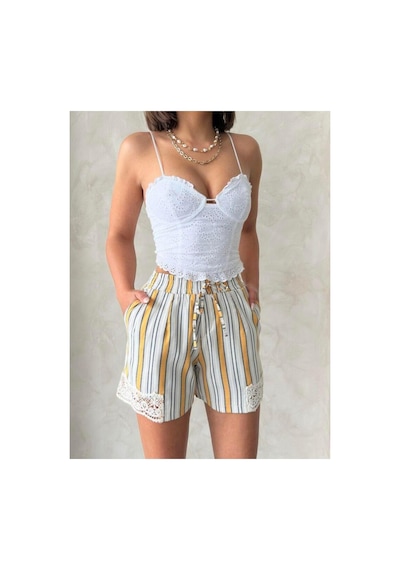 Verymoda Paça Dantelli Çizgili Şort I Vmd2393 HARDAL