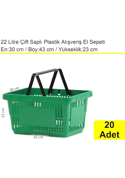 Plastik Alışveriş El Sepeti Çift Saplı 22 Litre Yeşil 20 Adet / En:30 Boy:43 Yükseklik:22 Cm Yeşil