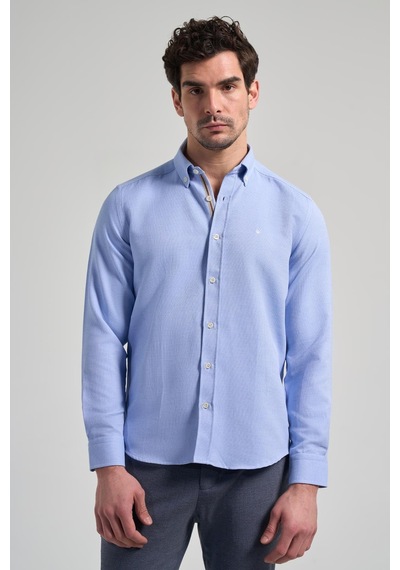 İmza Uzun Kol Desenli Armürlü Düğmeli Yaka Cepsiz Pamuklu Casual Slim Fit Gömlek 1004250206 Mavi