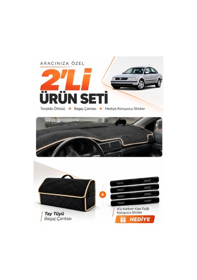 Volkswagen Passat B5 1996-2000 Uyumlu Torpido Örtüsü + Tay Tüyü Bagaj Çantası Seti - Siyah Bej