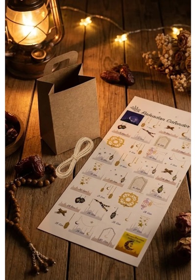 Ramazan Takvim Seti - 30 Günlük Advent Calendar Sticker - 30 Adet Kraft El Geçme Çanta - 10m Jüt İp