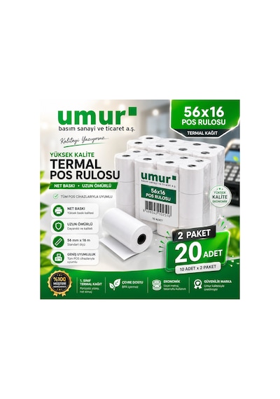 56x16 Mm Termal Pos Rulosu Pos Kağıdı 20 Adet 2 Paket X 10 Adet